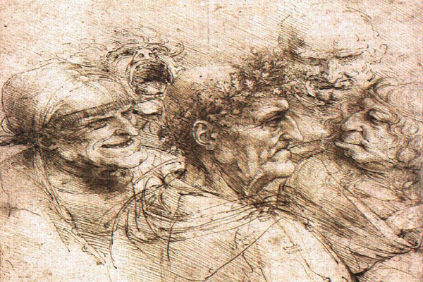 Esboço do quadro Cabeças Grotescas, feito em Sépia por Leonardo Da Vinci